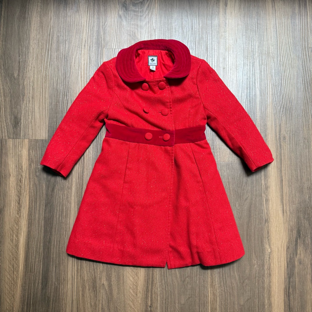 Busy Bees Kids Red Double Breasted Dress Coat Red Velvet Trim Toddler Girl 3t